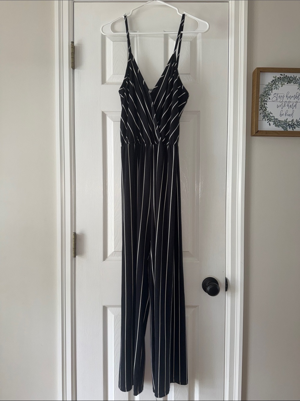 Black Vertical Stripe Spaghetti Strap Jumpsuit - Picture 1 of 6